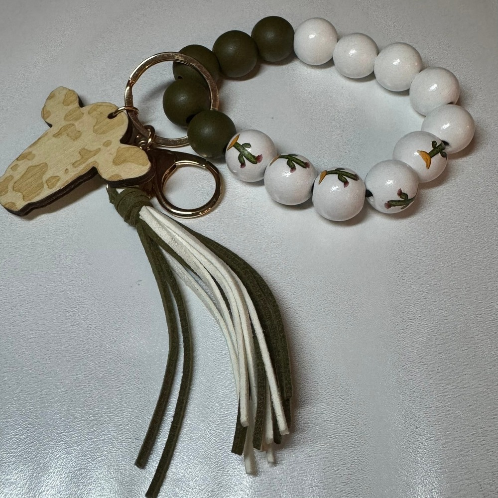 Beaded Keychain Wristlet Cactus Charm Tassel Olive White Boho Style